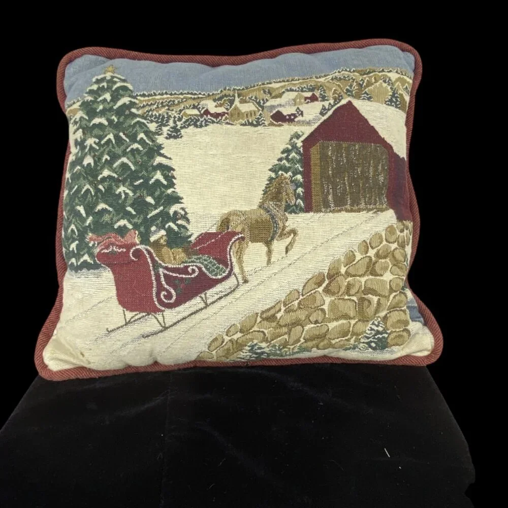 CHRISTMAS THROW PILLOWS -- Set of 2, Classic Santa/Winter Sleigh Scene, Vintage